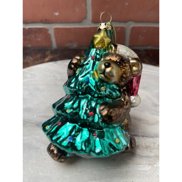 Lot 4 Blown Glass Ornaments Panda Church Santa Tree Glitter Christmas Decor - Picture 4 of 9
